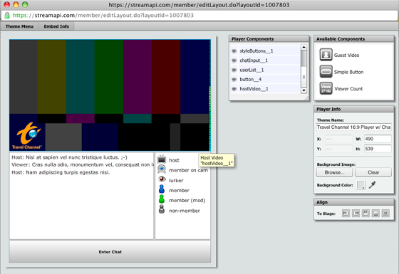 Figure 1: A basic stream show layout, showing a rollover tooltip for the video element, theme details, and custom watermark.