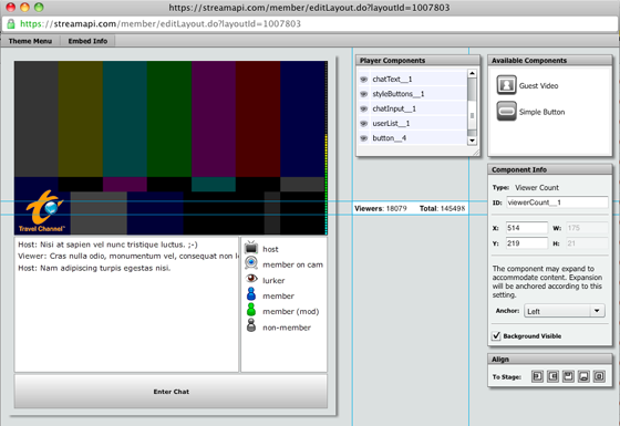 Figure 2: The introduction to the design of the viewer count element, which displays live viewer count information in the player. Note also the element guides that, with edge snapping, allow the user to align elements on the design.