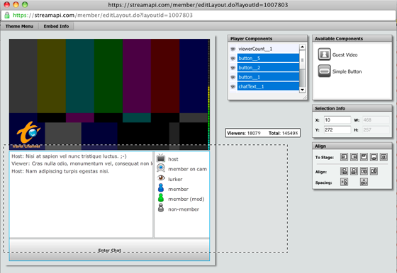 Figure 4: Crawling ants style multiple element selection. Note the reflection of the same selected elements in the Player Components palette, and restriction of the Selection Info palette.