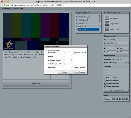 Figure 6: Video settings dialog. This allows the largely to restrict the quality, and bandwidth required by the broadcaster, for the outgoing broadcaster video.