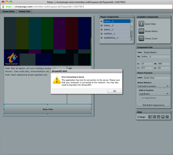 Figure 8: Error dialog with custom message -- the loss of the ability to ping the server results in an error alerting the user that they have lost connection to the server.