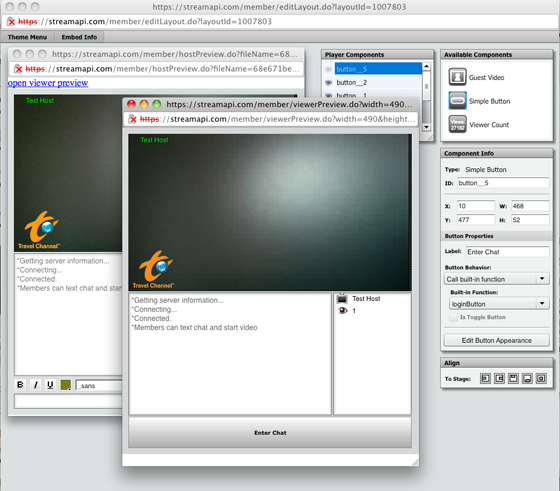 Figure 11: Both host and viewer previews. Note the presence of the Enter Chat button for the viewer, since the viewer is required to log in to the text chat for this design.
