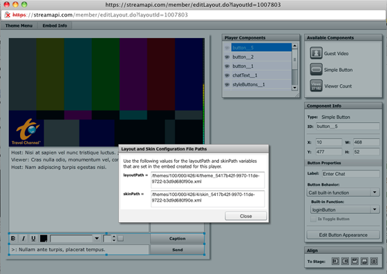 Figure 12: Dialog showing the information that the user can use for embedding the player with the current theme.