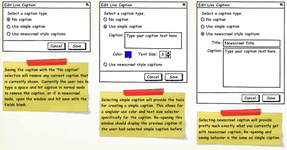 Figure 16: Wireframes for the new tri-state caption dialog.