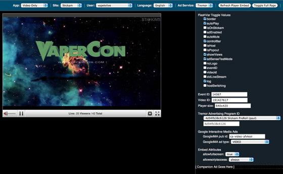 Figure 18: Testing script page. The various elements allow for testing various parameters that change the player use case and allow for viewing both live production streams as well as user prerecorded media.